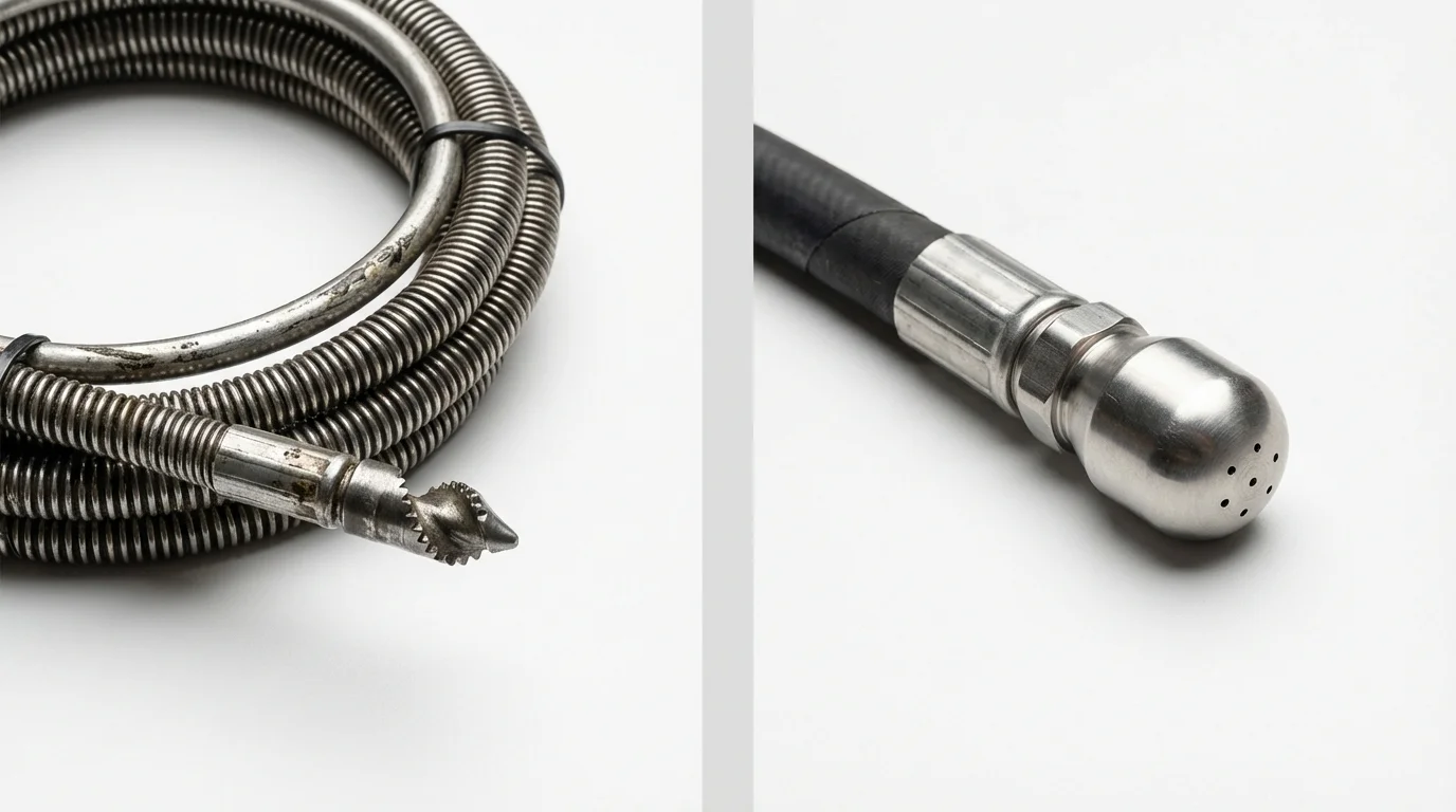 Drain snake cable and hydro jetting nozzle used for drain cleaning in New Castle, NH