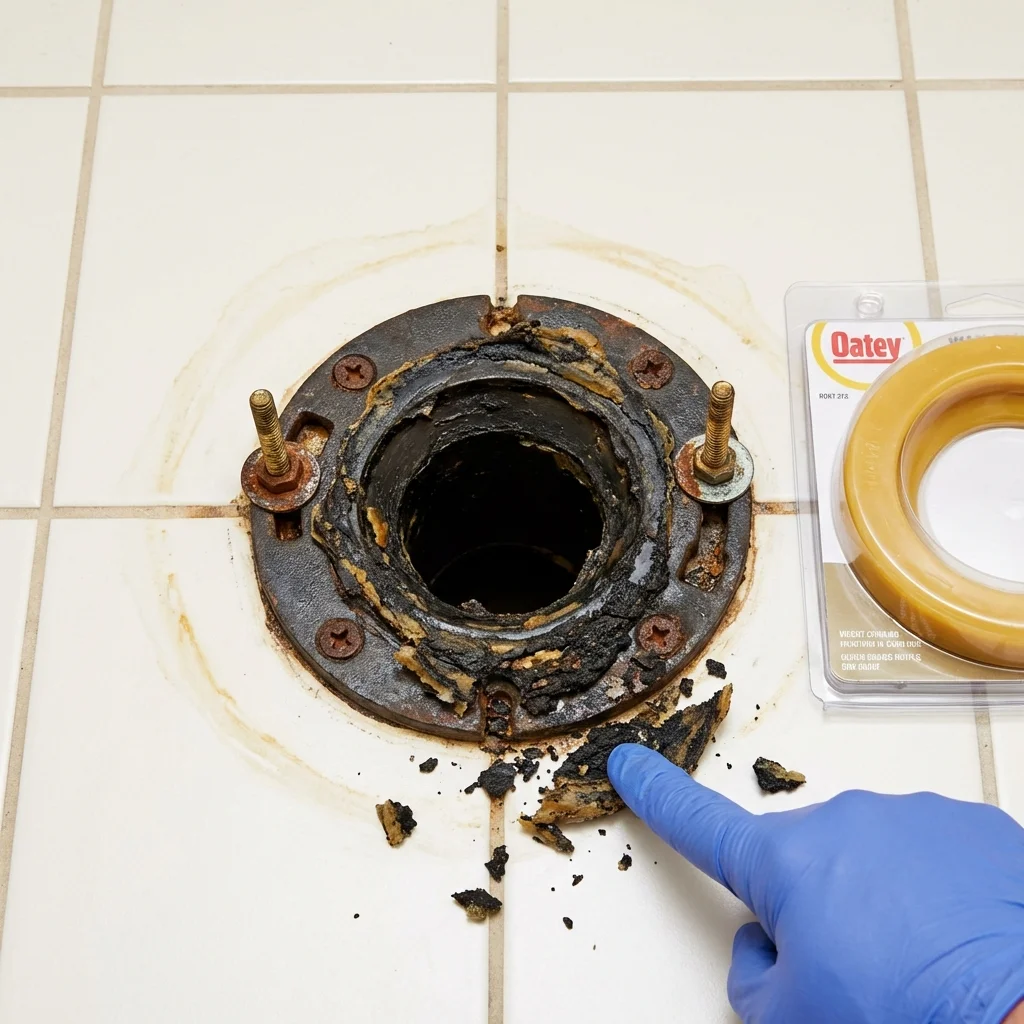 Failed wax ring showing water seepage at the base of a toilet in a New Castle, NH home