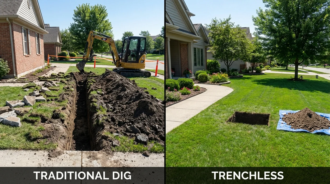 Trenchless sewer repair with minimal yard damage versus traditional excavation in New Castle, NH