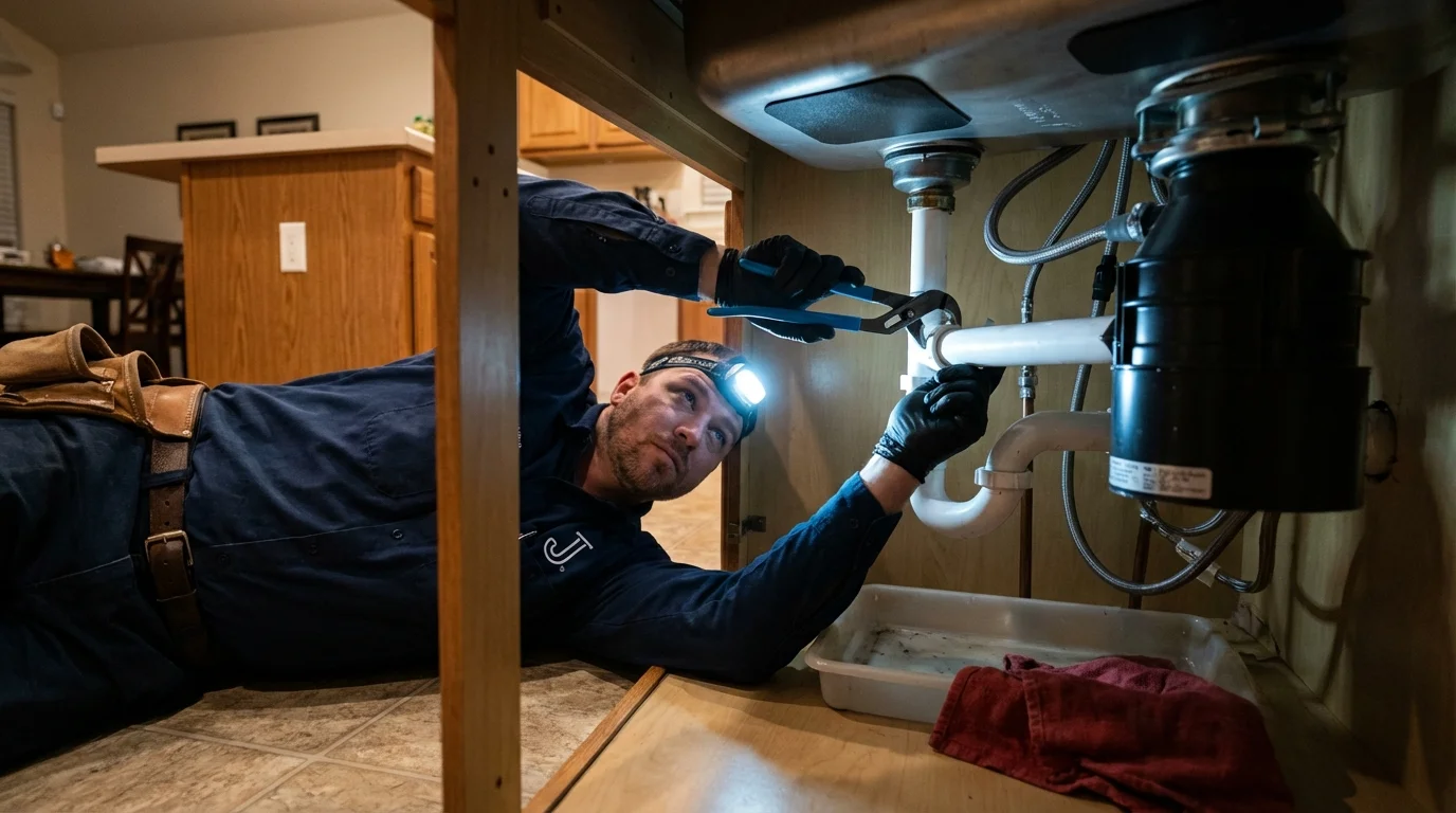P-trap and supply line connections under a kitchen sink showing a common leak point in New Castle, NH
